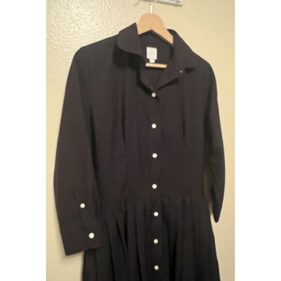 ANN MASHBURN Shirtwaist Midi Dress Black Cotton Button‎ Up Women's Size L No Tie - Picture 4 of 11